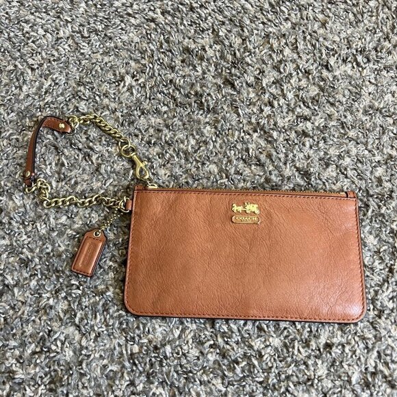 Coach Handbags - Coach Zip Brown Leather Wristlet Wallet Chain Card Slots 4X7